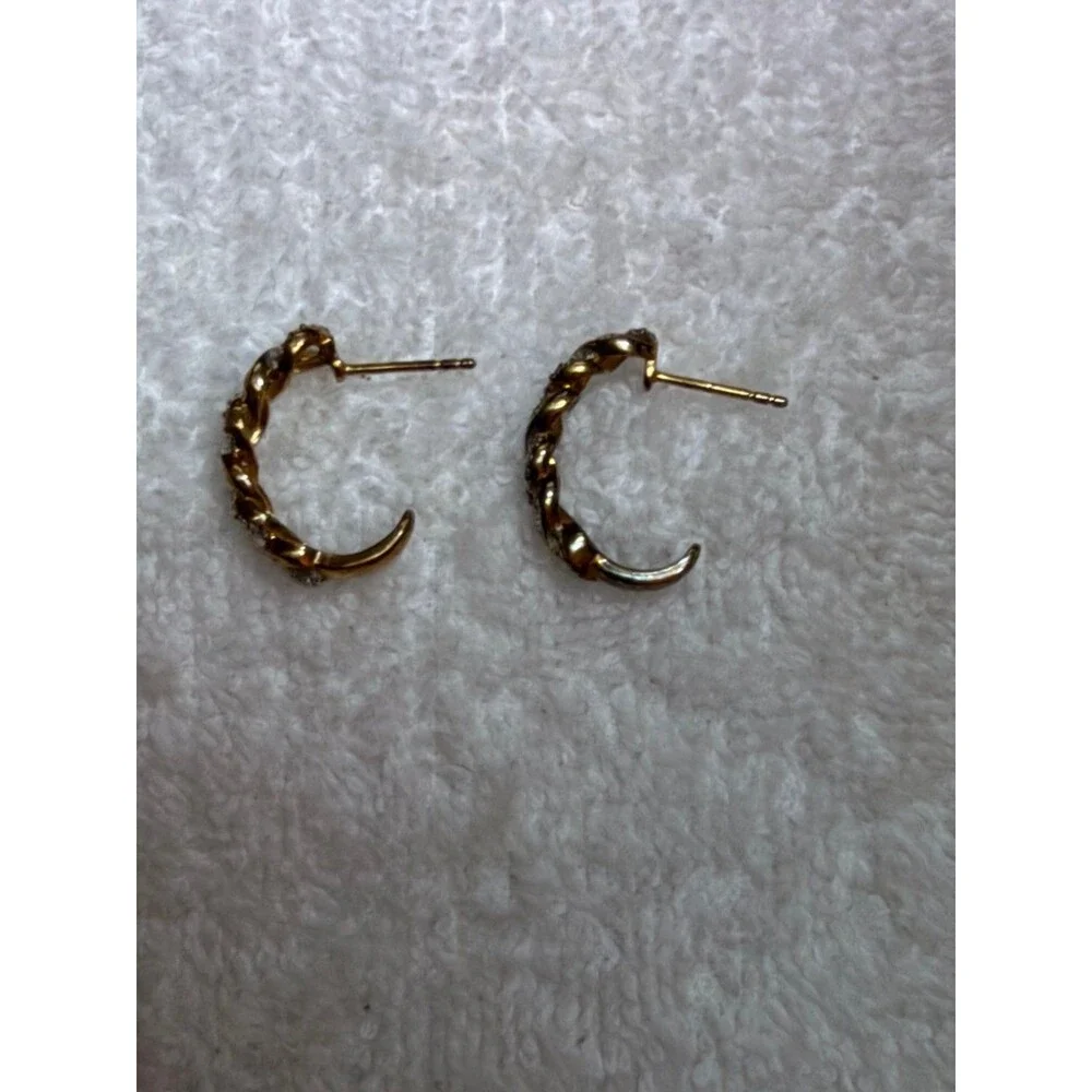 925 Sterling Silver Gold Tone Twisted Rope Hoop Earrings Clear CZ Rhinestone Hug